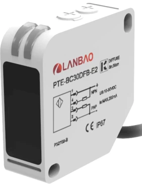 Датчик оптический LANBAO PTE-PM5DFB, прямоугольный, материал корпуса - пластик, красный свет - 650нм, выход - NPN/PNP, настройка - NO/NC, рабочая дистанция - 5м, напряжение - 30В, IP67, кабель - 2м