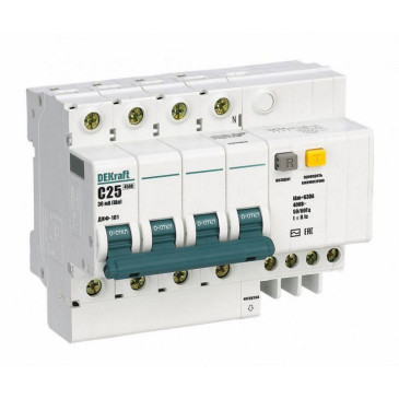 Автоматический выключатель дифференциального тока четырехполюсный DEKraft ДИФ-101 4.5кА 4P (3P+N) C20 AC30, ток утечки 30 мА, сила тока 20 А