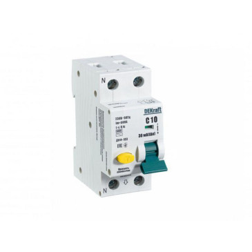 Автоматический выключатель дифференциального тока двухполюсный DEKraft ДИФ-103 6кА 2P (1P+N) (C) 10А АС30, ток утечки 30 мА, сила тока 10 А