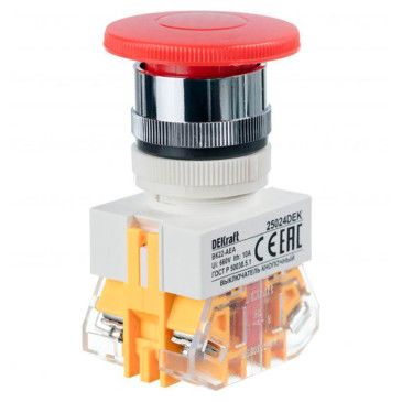 Выключатель кнопочный DEKraft ВК-22-AEA толкатель грибовидный, контакты 1НЗ+1НО, 10А, 220В, IP54, цвет – красный