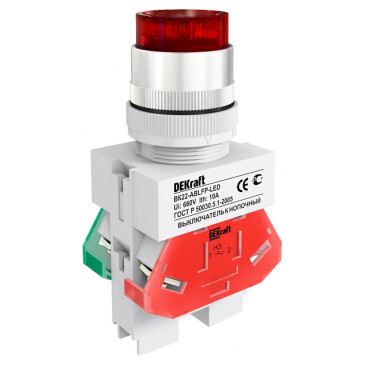 Выключатель кнопочный DEKraft ВК-22-ABLFP толкатель цилиндрический, контакты 1НЗ+1НО, LED лампа 10А, 220В, IP54, цвет – красный