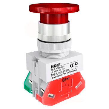 Выключатель кнопочный DEKraft ВК-22-AE толкатель грибовидный, с фиксацией, контакты 1НЗ+1НО, 10А, 220В, IP54, цвет – красный