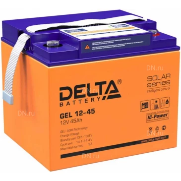 Аккумуляторная батарея Delta GEL 12-45 196х166х173мм, напряжение - 12В, емкость - 45Ач, тип клеммы - под болт M6