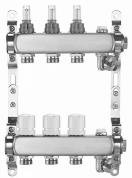 Коллекторная группа DN.ru GC2-31-6 1″ Ду25 Ру10 отводов — 6, в сборе с расходомерами и терморегулирующими клапанами, дренажным краном и воздухоотводчиком, с заглушками, без переходников, корпус - нержавеющая сталь AISI 304