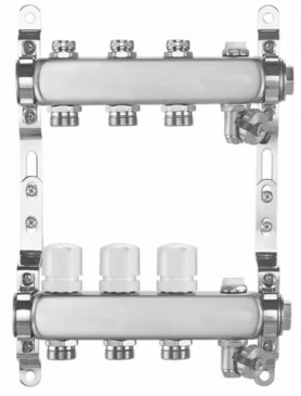 Коллекторная группа DN.ru GC4-31-5 1″ Ду25 Ру10 отводов — 5, в сборе с терморегулирующими клапанами и запорно-балансировочными клапанами, дренажным краном и воздухоотводчиком, с заглушками, без переходников, корпус - нержавеющая сталь AISI 304