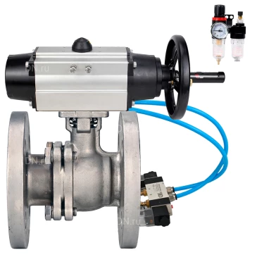 Кран шаровой DN.ru BV3232P(2pc)-FP-F-ISO-H WDVF Ду80 Ру16 полнопроходной, фланцевый, корпус - нержавеющая сталь 316, уплотнение - PTFE, с пневмоприводом PA-DA-105-1, пневмораспределителем 4V320-08 220В и БПВ AFC2000