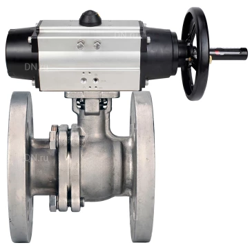 Кран шаровой DN.ru BV3232P(2pc)-FP-F-ISO-H WDVF Ду80 Ру16 полнопроходной, фланцевый, корпус - нержавеющая сталь 316, уплотнение - PTFE, с пневмоприводом DN.ru PA-DA-105-1 двойного действия со штурвалом