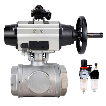 Кран шаровой DN.ru BV3232P(4pc)-SP-3WL-T-ISO-H WDVF Ду65 Ру40 стандартнопроходной, 3-ходовой L-тип, внутренняя резьба, нержавеющая сталь AISI 316, PTFE, с пневмоприводом PA-DA-105-1, пневмораспределителем 4М310-08 24В NAMUR, БКВ APL-210N и БПВ AFC2000