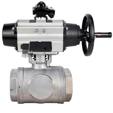 Кран шаровой DN.ru BV3232P(4pc)-SP-3WL-T-ISO-H WDVF Ду65 Ру40 стандартнопроходной, 3-ходовой L-тип, внутренняя резьба, нержавеющая сталь AISI 316, PTFE, с пневмоприводом PA-DA-105-1, пневмораспределителем 4М310-08 24В NAMUR и БКВ APL-210N