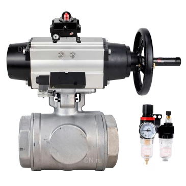 Кран шаровой DN.ru BV3232P(4pc)-SP-3WL-T-ISO-H WDVF Ду65 Ру40 стандартнопроходной, 3-ходовой L-тип, внутренняя резьба, нержавеющая сталь AISI 316, PTFE, с пневмоприводом PA-DA-105-1, пневмораспределителем 4М310-08 220В NAMUR, БКВ APL-410N EX и БПВ AFC2000