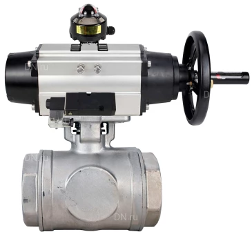 Кран шаровой DN.ru BV3232P(4pc)-SP-3WL-T-ISO-H WDVF Ду65 Ру40 стандартнопроходной, 3-ходовой L-тип, внутренняя резьба, нержавеющая сталь AISI 316, PTFE, с пневмоприводом PA-DA-105-1, пневмораспределителем 4М310-08 24В NAMUR и БКВ APL-510N EX