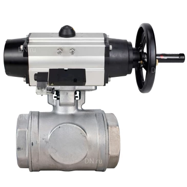 Кран шаровой DN.ru BV3232P(4pc)-SP-3WL-T-ISO-H WDVF Ду65 Ру40 стандартнопроходной, 3-ходовой L-тип, внутренняя резьба, корпус - нержавеющая сталь AISI 316, уплотнение - PTFE, с пневмоприводом PA-DA-105-1 и пневмораспределителем 4М310-08 220В NAMUR