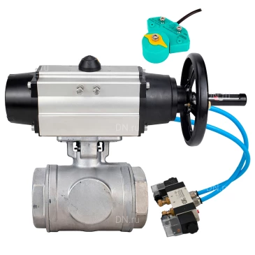 Кран шаровой DN.ru BV3232P(4pc)-SP-3WL-T-ISO-H WDVF Ду65 Ру40 стандартнопроходной, 3-ходовой L-тип, внутренняя резьба, нержавеющая сталь AISI 316, с пневмоприводом PA-DA-105-1, пневмораспределителем 4V320-10 220В и магнитным переключателем ALS200D