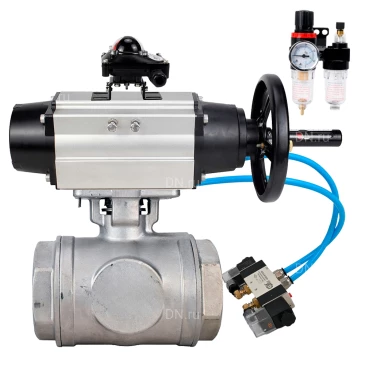 Кран шаровой DN.ru BV3232P(4pc)-SP-3WL-T-ISO-H WDVF Ду65 Ру40 стандартнопроходной, 3-ходовой L-тип, внутренняя резьба, нержавеющая сталь AISI 316, PTFE, с пневмоприводом PA-DA-105-1, пневмораспределителем 4V320-08 220В, БКВ APL-210N и БПВ AFC2000