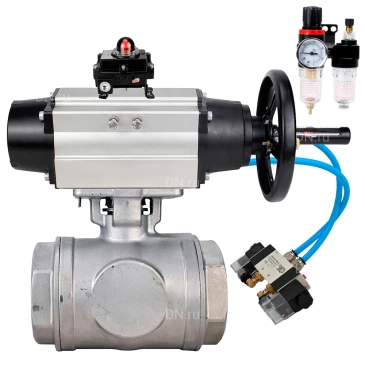 Кран шаровой DN.ru BV3232P(4pc)-SP-3WL-T-ISO-H WDVF Ду65 Ру40 стандартнопроходной, 3-ходовой L-тип, внутренняя резьба, нержавеющая сталь AISI 316, PTFE, с пневмоприводом PA-DA-105-1, пневмораспределителем 4V320-10 220В, БКВ APL-410N EX и БПВ AFC2000