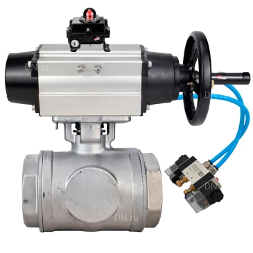 Кран шаровой DN.ru BV3232P(4pc)-SP-3WL-T-ISO-H WDVF Ду65 Ру40 стандартнопроходной, 3-ходовой L-тип, внутренняя резьба, нержавеющая сталь AISI 316, PTFE, с пневмоприводом PA-DA-105-1, пневмораспределителем 4V320-10 220В и БКВ APL-410N EX
