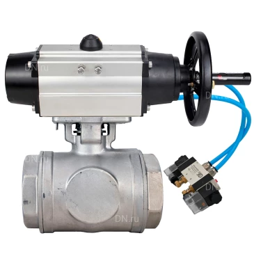Кран шаровой DN.ru BV3232P(4pc)-SP-3WL-T-ISO-H WDVF Ду65 Ру40 стандартнопроходной, 3-ходовой L-тип, внутренняя резьба, корпус - нержавеющая сталь AISI 316, уплотнение - PTFE, с пневмоприводом PA-DA-105-1 и пневмораспределителем 4V320-10 220В