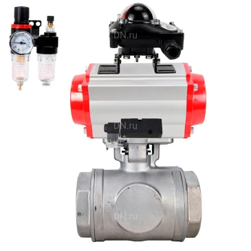 Кран шаровой DN.ru BV3232P(4pc)-SP-3WL-T-ISO-H WDVF Ду65 Ру40 стандартнопроходной, 3-ходовой L-тип, внутренняя резьба, нержавеющая сталь AISI 316, PTFE, с пневмоприводом PA-DA-105, пневмораспределителем 4М310-08 220В NAMUR, БКВ APL-210N и БПВ AFC2000