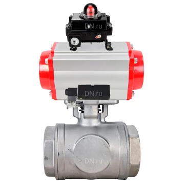 Кран шаровой DN.ru BV3232P(4pc)-SP-3WT-T-ISO-H WDVF Ду25 Ру63 стандартнопроходной, 3-ходовой Т-тип, внутренняя резьба, нержавеющая сталь AISI 316, PTFE, с пневмоприводом PA-DA-065, пневмораспределителем 4М310-08 24В NAMUR и БКВ APL-410N EX