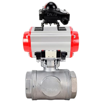 Кран шаровой DN.ru BV3232P(4pc)-SP-3WT-T-ISO-H WDVF Ду25 Ру63 стандартнопроходной, 3-ходовой Т-тип, внутренняя резьба, нержавеющая сталь AISI 316, PTFE, с пневмоприводом PA-DA-065, пневмораспределителем 4V320-08 220В NAMUR и БКВ APL-210N