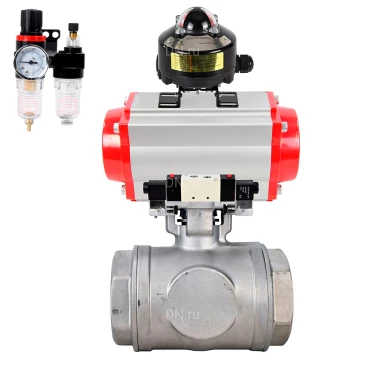 Кран шаровой DN.ru BV3232P(4pc)-SP-3WL-T-ISO-H WDVF Ду40 Ру63 стандартнопроходной, 3-ходовой L-тип, внутренняя резьба, нержавеющая сталь AISI 316, PTFE, с пневмоприводом PA-DA-083, пневмораспределителем 4V320-08 220В NAMUR, БКВ APL-510N EX и БПВ AFC2000