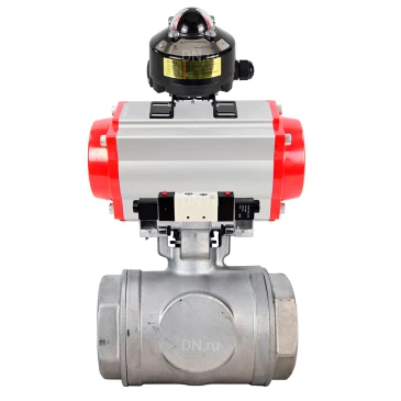 Кран шаровой DN.ru BV3232P(4pc)-SP-3WL-T-ISO-H WDVF Ду65 Ру40 стандартнопроходной, 3-ходовой L-тип, внутренняя резьба, нержавеющая сталь AISI 316, PTFE, с пневмоприводом PA-DA-105, пневмораспределителем 4V320-10 220В NAMUR и БКВ APL-510N EX
