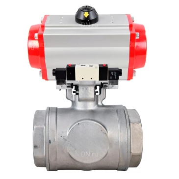 Кран шаровой DN.ru BV3232P(4pc)-SP-3WL-T-ISO-H WDVF Ду65 Ру40 стандартнопроходной, 3-ходовой L-тип, внутренняя резьба, корпус - нержавеющая сталь AISI 316, уплотнение - PTFE, с пневмоприводом PA-SA-140 и пневмораспределителем 4V320-10 220В NAMUR