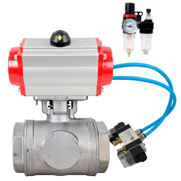 Кран шаровой DN.ru BV3232P(4pc)-SP-3WL-T-ISO-H WDVF Ду40 Ру63 стандартнопроходной, 3-ходовой L-тип, внутренняя резьба, нержавеющая сталь AISI 316, PTFE, с пневмоприводом PA-DA-083, пневмораспределителем 4V320-10 220В и БПВ AFC2000