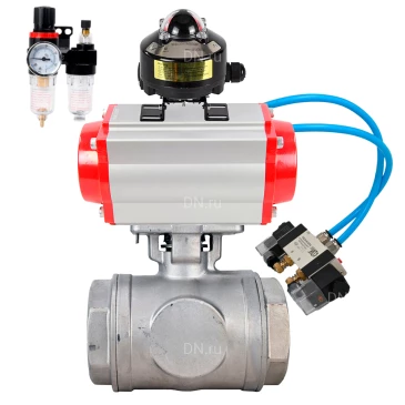 Кран шаровой DN.ru BV3232P(4pc)-SP-3WL-T-ISO-H WDVF Ду32 Ру63 стандартнопроходной, 3-ходовой L-тип, внутренняя резьба, нержавеющая сталь AISI 316, PTFE, с пневмоприводом PA-DA-083, пневмораспределителем 4V320-08 220В, БКВ APL-510N EX и БПВ AFC2000