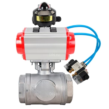 Кран шаровой DN.ru BV3232P(4pc)-SP-3WL-T-ISO-H WDVF Ду32 Ру63 стандартнопроходной, 3-ходовой L-тип, внутренняя резьба, нержавеющая сталь AISI 316, PTFE, с пневмоприводом PA-DA-083, пневмораспределителем 4V320-08 220В и БКВ APL-510N EX