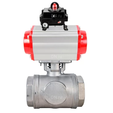 Кран шаровой DN.ru BV3232P(4pc)-SP-3WL-T-ISO-H WDVF Ду40 Ру63 стандартнопроходной, 3-ходовой L-тип, внутренняя резьба, корпус - нержавеющая сталь AISI 316, уплотнение - PTFE, с пневмоприводом PA-DA-083 и БКВ APL-410N EX