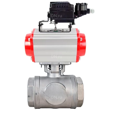 Кран шаровой DN.ru BV3232P(4pc)-SP-3WL-T-ISO-H WDVF Ду40 Ру63 стандартнопроходной, 3-ходовой L-тип, внутренняя резьба, нержавеющая сталь AISI 316, с пневмоприводом PA-DA-083 и электропневматическим поворотным позиционером YT-1000RSN с обратной связью
