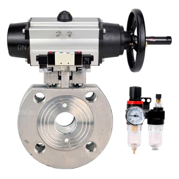Кран шаровой DN.ru BV3232P-FP-Fb-ISO-H WDVF Ду100 Ру16 полнопроходной, межфланцевый, корпус - нержавеющая сталь 316, уплотнение - PTFE, с пневмоприводом PA-DA-105-1, пневмораспределителем 4V320-08 220В NAMUR и БПВ AFC2000