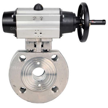 Кран шаровой DN.ru BV3232P-FP-Fb-ISO-H WDVF Ду100 Ру16 полнопроходной, межфланцевый, корпус - нержавеющая сталь 316, уплотнение - PTFE, с пневмоприводом DN.ru PA-DA-105-1 двойного действия со штурвалом