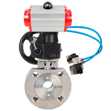 Кран шаровой DN.ru BV3232P-FP-Fb-ISO-H WDVF Ду80 Ру16 полнопроходной, межфланцевый, корпус - нержавеющая сталь 316, уплотнение - PTFE, с пневмоприводом PA-DA-105, пневмораспределителем 4V320-08 220В и ручным дублером MON2-450-T28-ISO