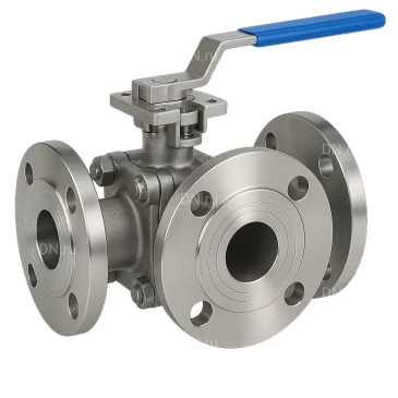 Кран шаровой DN.ru BV3232P(2pc)-FP-3WL-F-ISO-H Ду50 Ру16 HYMT, трехходовой L-тип, полнопроходной, фланцевый, материал корпуса - нержавеющая сталь SS316, с ISO фланцем и рукояткой