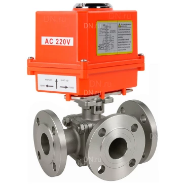 Кран шаровой DN.ru BV3232P(2pc)-FP-3WL-F-ISO-H Ду20 Ру16 HYMT, трехходовой L-тип, полнопроходной, фланцевый, корпус - нержавеющая сталь SS316, с электроприводом QT-N-003EM-O1-220VAC-У1 MINI