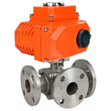 Кран шаровой DN.ru BV3232P(2pc)-FP-3WL-F-ISO-H Ду20 Ру16 HYMT, трехходовой L-тип, полнопроходной, фланцевый, корпус - нержавеющая сталь SS316, с электроприводом QT-N-005EM-O1-380VAC-У1 HARK