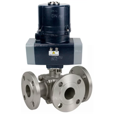 Кран шаровой DN.ru BV3232P(2pc)-FP-3WL-F-ISO-H Ду50 Ру16 HYMT, трехходовой L-тип, полнопроходной, фланцевый, корпус - нержавеющая сталь SS316, с электроприводом QTSA-N-005EM-O0-220VAC с пружинным возвратом