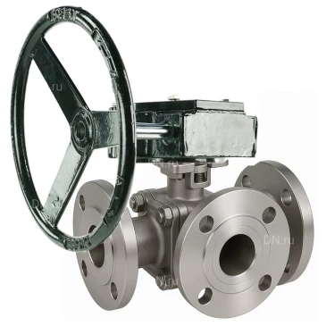 Кран шаровой DN.ru BV3232P(2pc)-FP-3WL-F-ISO-H Ду50 Ру16 HYMT, трехходовой L-тип, полнопроходной, фланцевый, корпус - нержавеющая сталь SS316, с редуктором RDN RQN3-150Z-T24