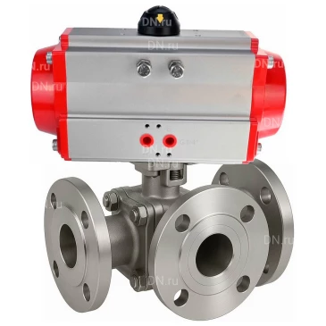 Кран шаровой DN.ru BV3232P(2pc)-FP-3WL-F-ISO-H Ду20 Ру16 HYMT, трехходовой L-тип, полнопроходной, фланцевый, корпус - нержавеющая сталь SS316, с пневмоприводом PA-DA-052 двойного действия