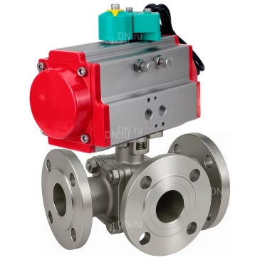 Кран шаровой DN.ru BV3232P(2pc)-FP-3WL-F-ISO-H Ду50 Ру16 HYMT, трехходовой L-тип, полнопроходной, фланцевый, корпус - нержавеющая сталь SS316, с пневмоприводом PA-SA-105 и магнитным переключателем ALS200D