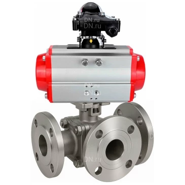 Кран шаровой DN.ru BV3232P(2pc)-FP-3WL-F-ISO-H Ду80 Ру16 HYMT, трехходовой L-тип, полнопроходной, фланцевый, корпус - нержавеющая сталь SS316, с пневмоприводом PA-DA-105 и БКВ APL-410N EX