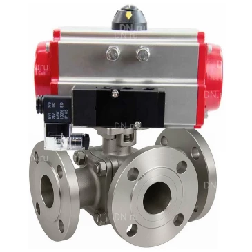 Кран шаровой DN.ru BV3232P(2pc)-FP-3WL-F-ISO-H Ду20 Ру16 HYMT, трехходовой L-тип, полнопроходной, фланцевый, корпус - нержавеющая сталь SS316, с пневмоприводом PA-SA-065 и пневмораспределителем 4M310-08 24В NAMUR