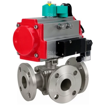 Кран шаровой DN.ru BV3232P(2pc)-FP-3WL-F-ISO-H Ду50 Ру16 HYMT, трехходовой L-тип, полнопроходной, фланцевый, корпус - нержавеющая сталь SS316, с пневмоприводом PA-DA-065, пневмораспределителем 4М310-08 220В NAMUR и магнитным переключателем ALS200D