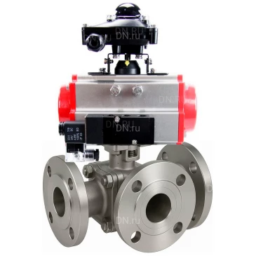Кран шаровой DN.ru BV3232P(2pc)-FP-3WL-F-ISO-H Ду80 Ру16 HYMT, трехходовой L-тип, полнопроходной, фланцевый, корпус - нержавеющая сталь SS316, с пневмоприводом PA-SA-130, пневмораспределителем 4М310-08 220В NAMUR и БКВ APL-410N EX