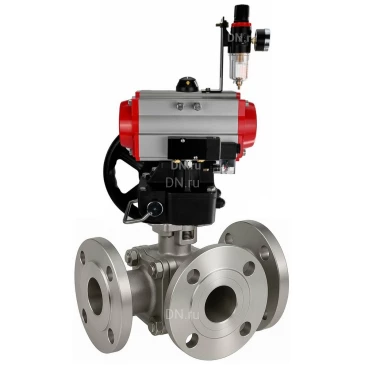 Кран шаровой DN.ru BV3232P(2pc)-FP-3WL-F-ISO-H Ду20 Ру16 HYMT, трехходовой L-тип, полнопроходной, фланцевый, корпус - нержав.сталь SS316, с пневмоприводом PA-DA-052, пневмораспределителем 4M310-08 24В NAMUR, ручным дублером MON1-250-T26-ISO и БПВ AFC2000