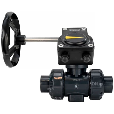 Кран шаровой DN.ru BV4242E-FP-GRM-ISO Дн50 Ру10 полнопроходной, клеевой с разборным муфтовым соединением, корпус - НПВХ, шар - НПВХ, уплотнение - EPDM, с редуктором DN.ru HAM RQN1-180ZT40