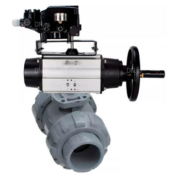 Кран шаровой DN.ru BV4242E-FP-GRM-ISO Дн65 Ру10 полнопроходной, корпус - НПВХ, шар - НПВХ, уплотнение - EPDM, с пневмоприводом PA-DA-105-1 и пневмопозиционером YT-1000RSN с обратной связью