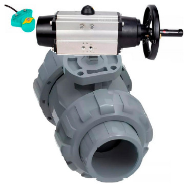 Кран шаровой DN.ru BV4242E-FP-GRM-ISO Дн40 Ру10 полнопроходной, корпус - НПВХ, шар - НПВХ, уплотнение - EPDM, с пневмоприводом PA-DA-105-1 и магнитным переключателем ALS200D